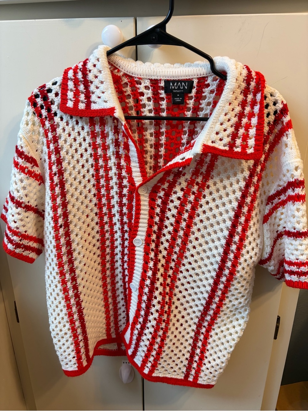 Boohoo man White & Red Open-Knit Short Sleeve Cardigan